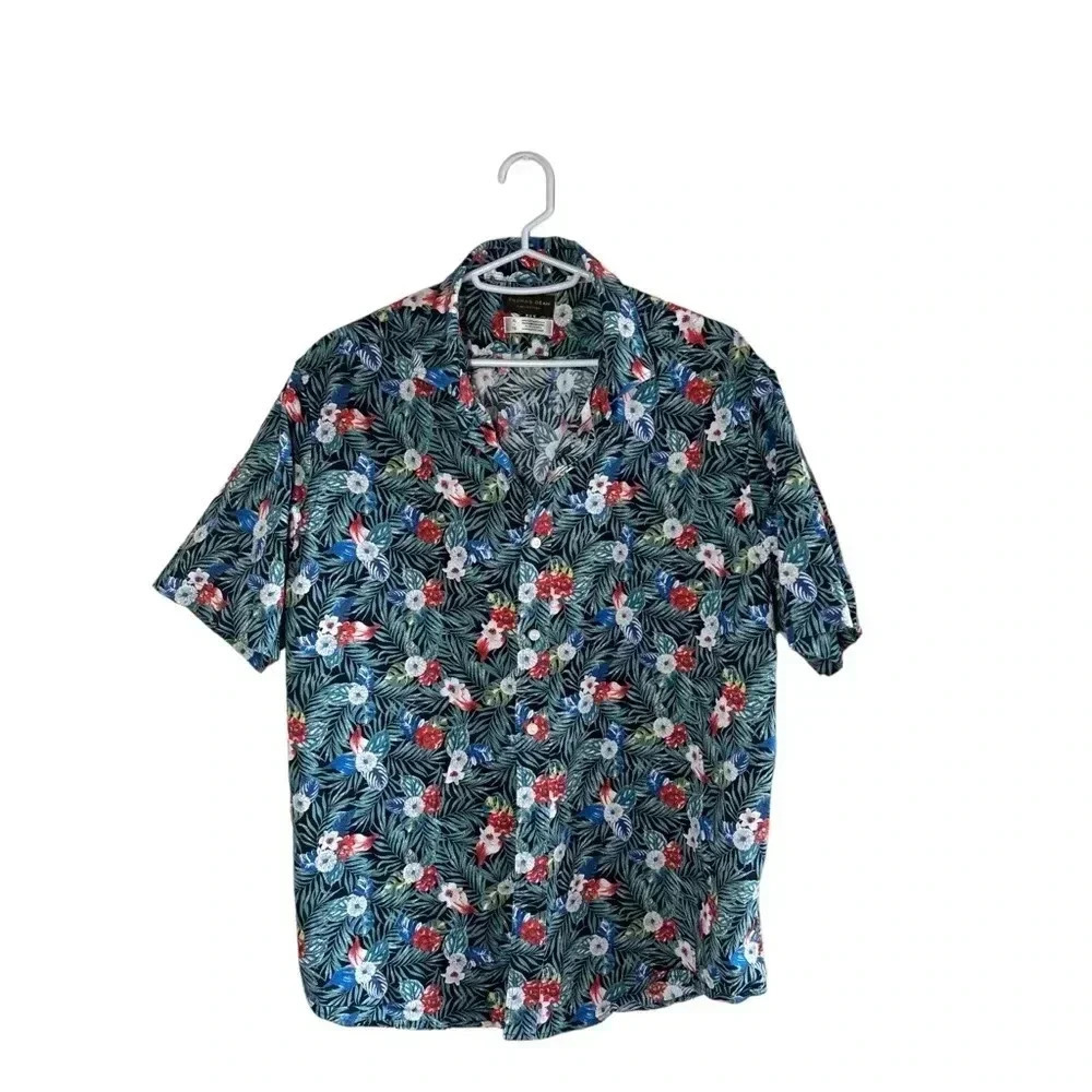 Thomas Dean Floral Red White Blue Flower Button Down Casual Short Sleeve XL Mens